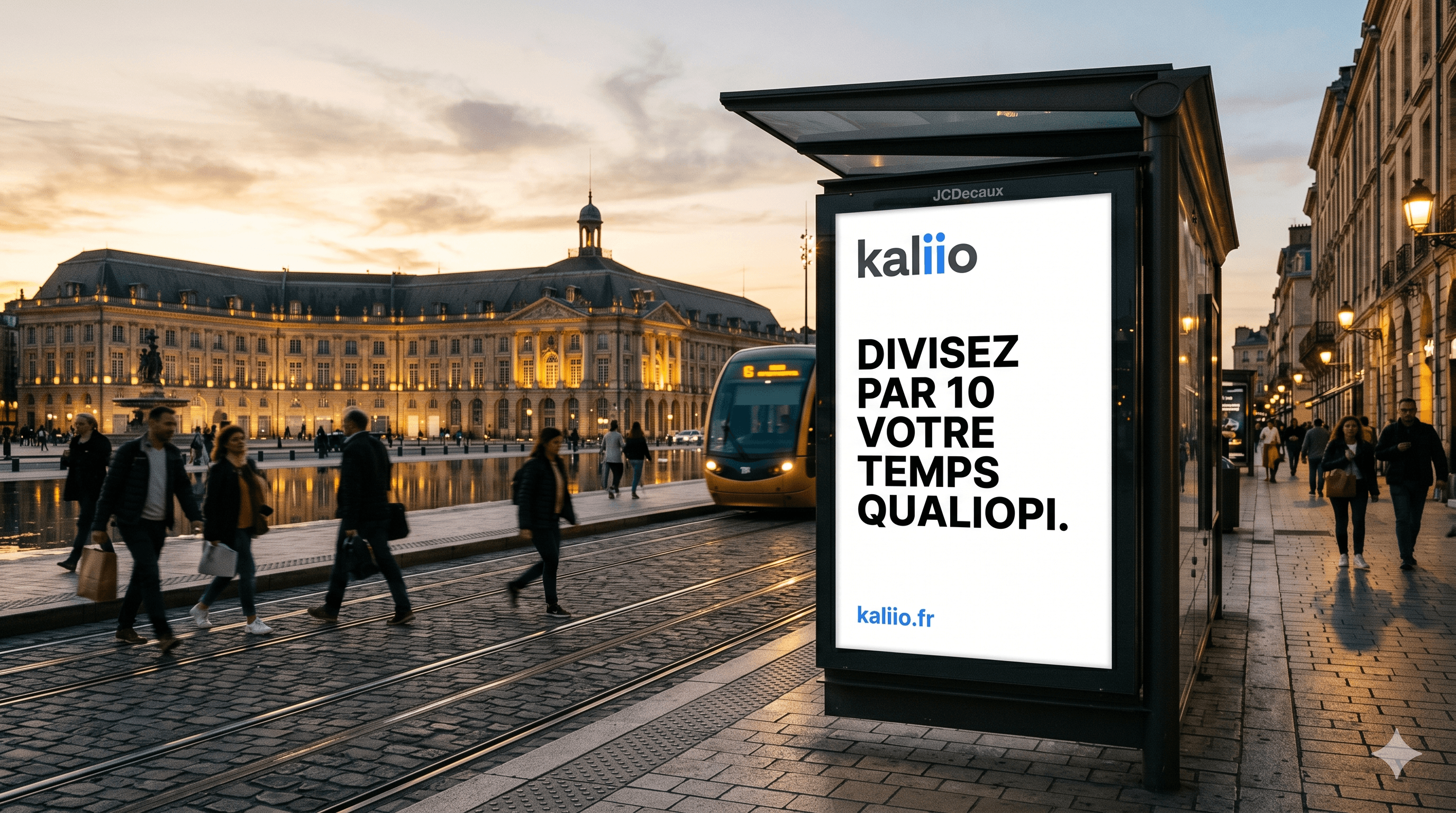 Affichage Kaliio à Bordeaux face à la Place de la Bourse — Divisez par 10 votre temps Qualiopi.