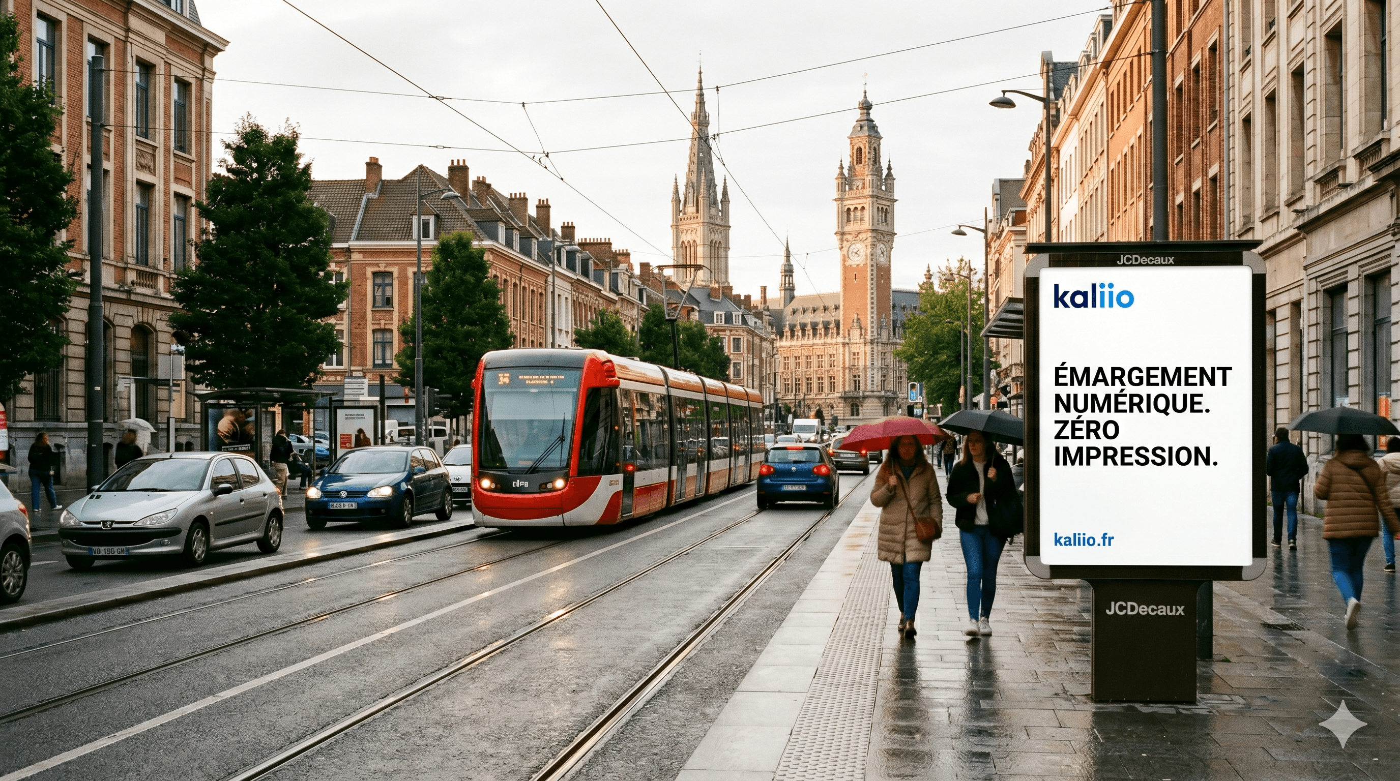 Affichage Kaliio à Lille face à la Vieille Bourse — Émargement numérique. Zéro impression.