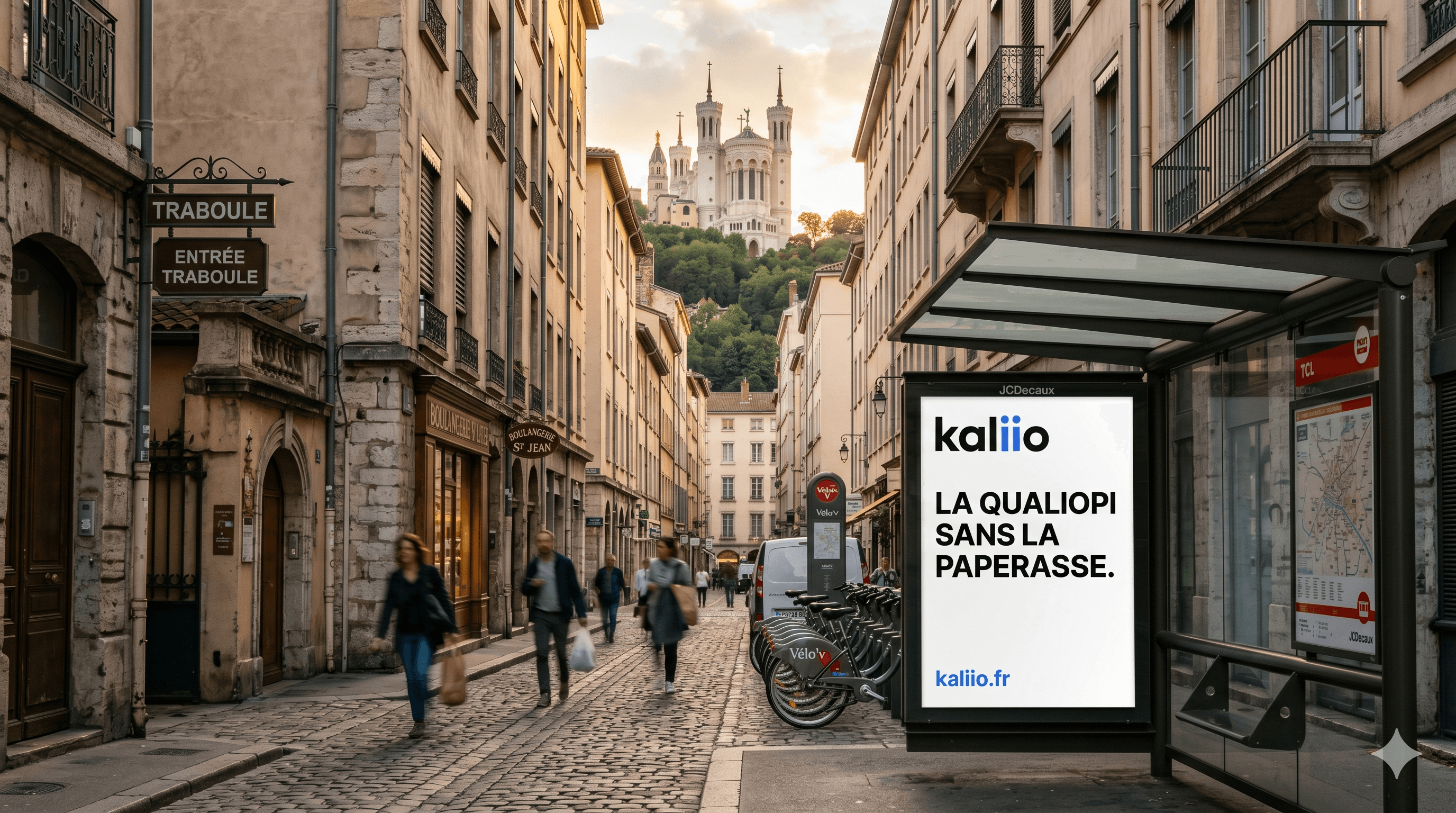 Affichage Kaliio à Lyon dans le Vieux Lyon — La Qualiopi sans la paperasse.