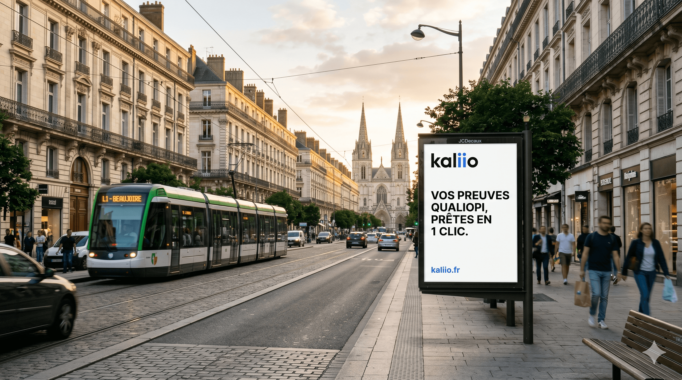 Affichage Kaliio à Nantes face à la basilique Saint-Nicolas — Vos preuves Qualiopi, prêtes en 1 clic.