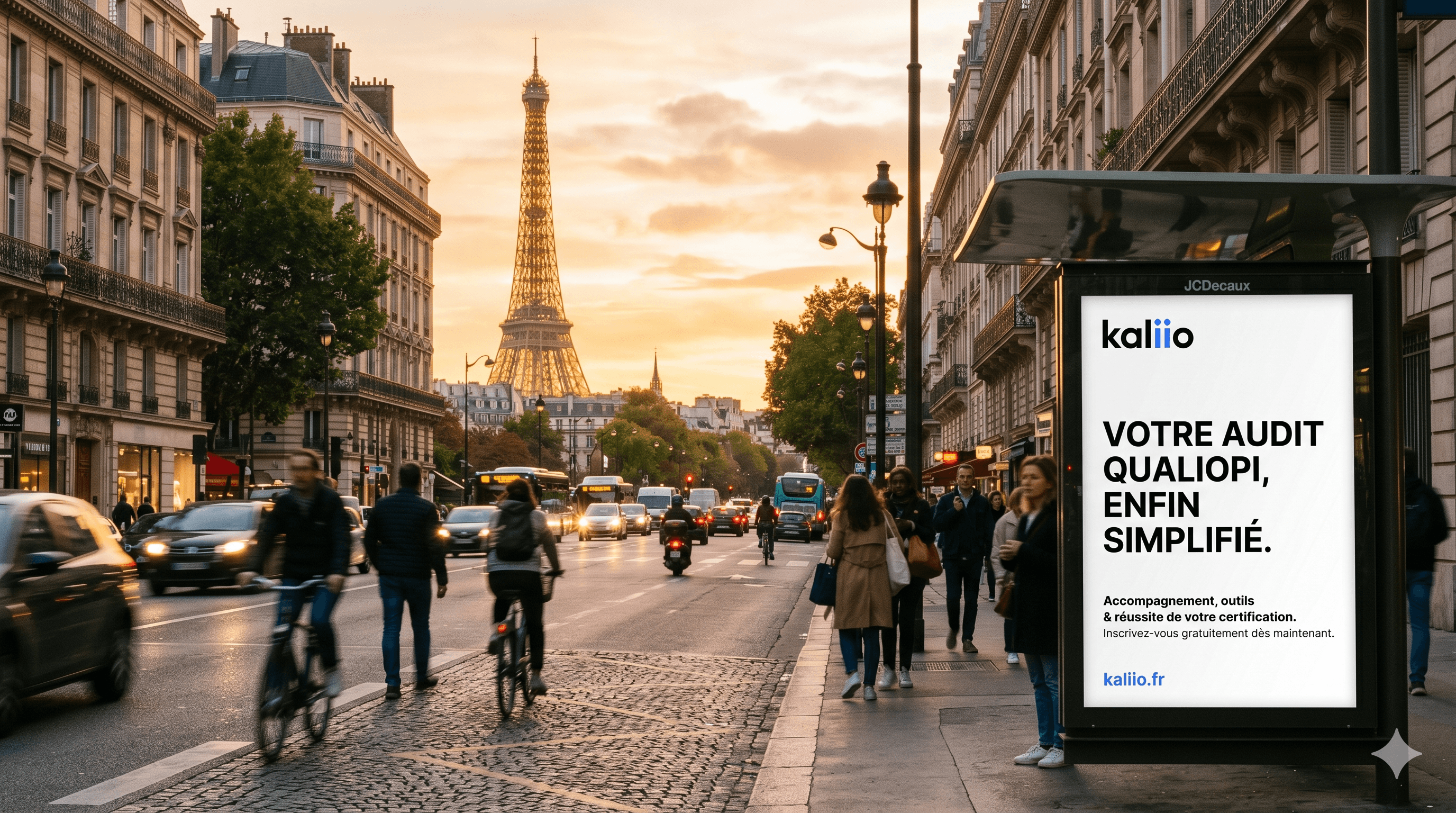Affichage Kaliio à Paris devant la Tour Eiffel — Votre audit Qualiopi, enfin simplifié.