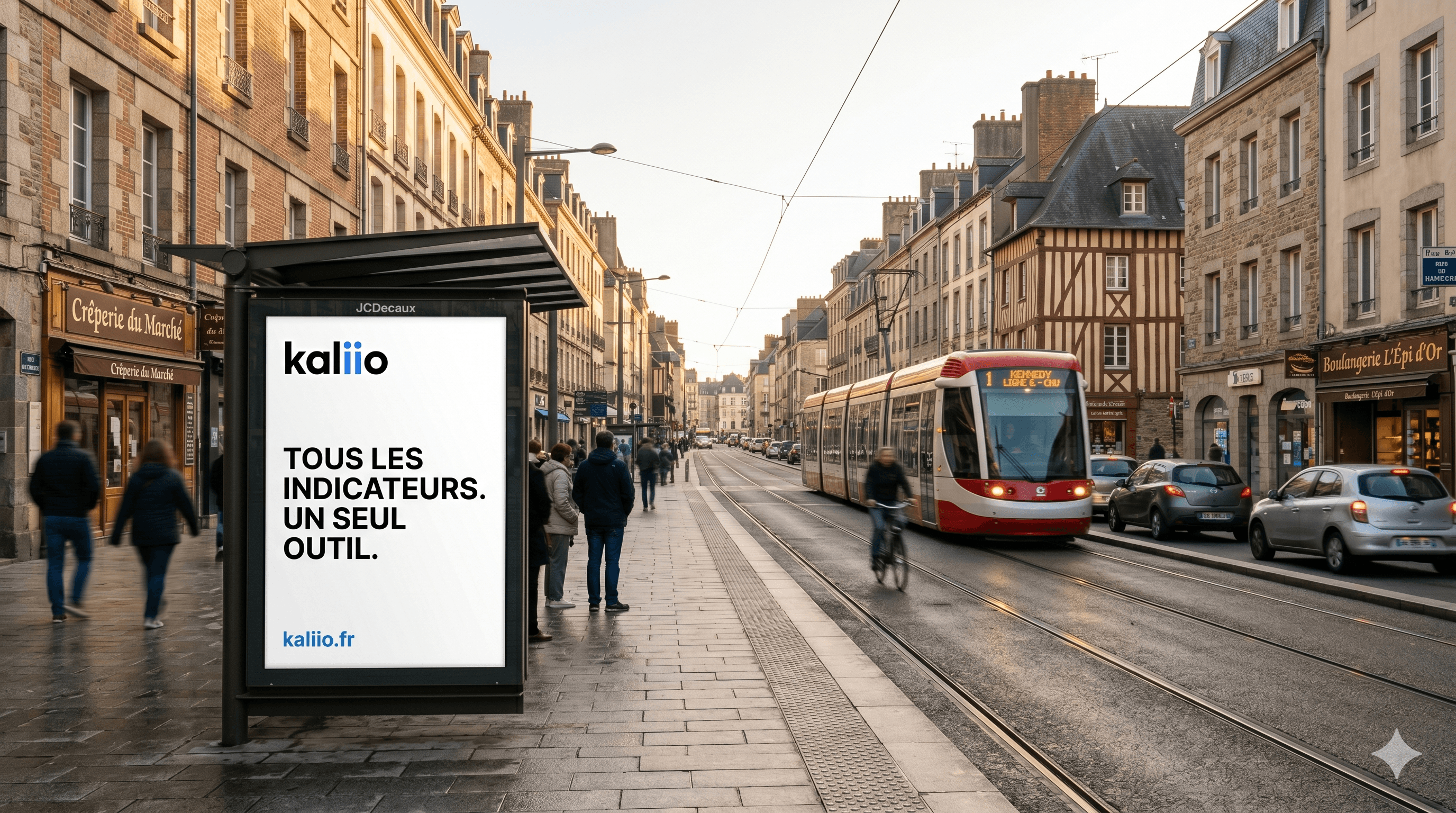 Affichage Kaliio à Rennes parmi les colombages bretons — Tous les indicateurs. Un seul outil.