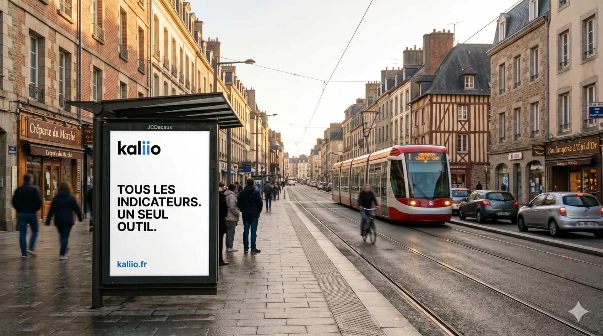 Affichage Kaliio à Rennes parmi les colombages bretons — Tous les indicateurs. Un seul outil.