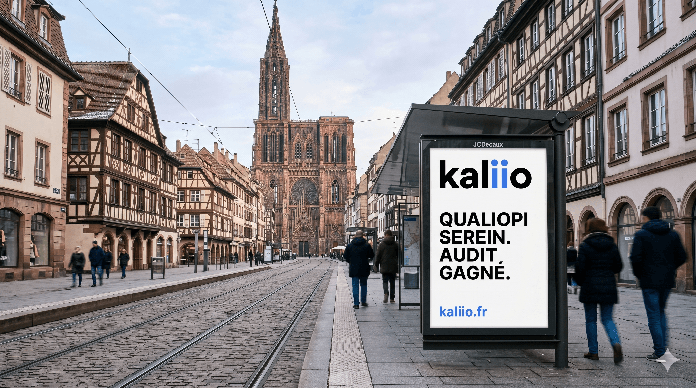 Affichage Kaliio à Strasbourg face à la Cathédrale — Qualiopi serein. Audit gagné.