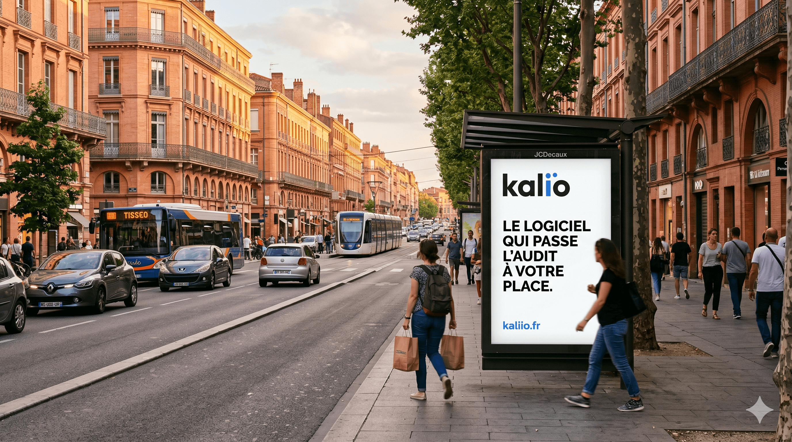 Affichage Kaliio à Toulouse sur la brique rose — Le logiciel qui passe l'audit à votre place.