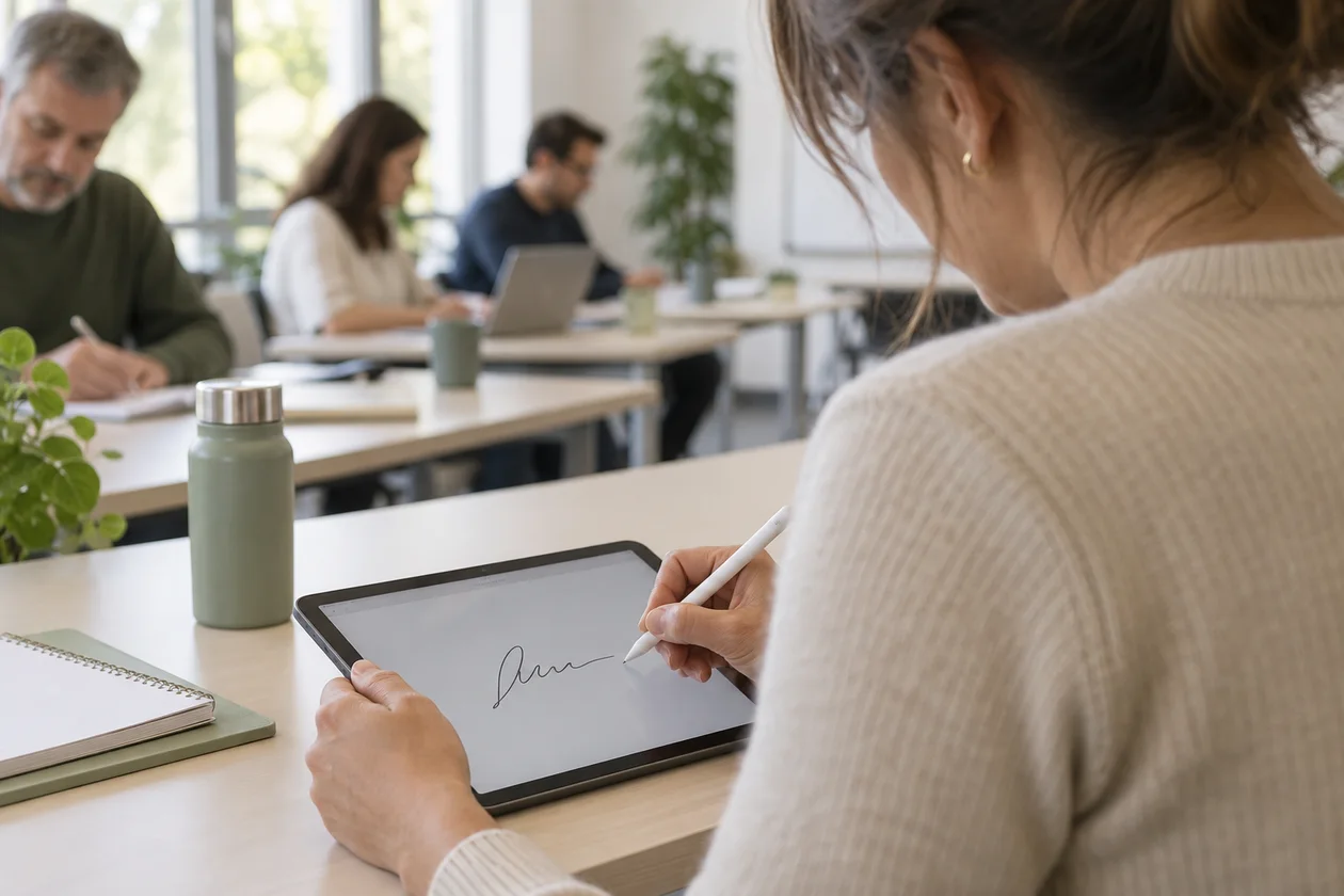 Illustration : une stagiaire signe sur une tablette pendant une formation