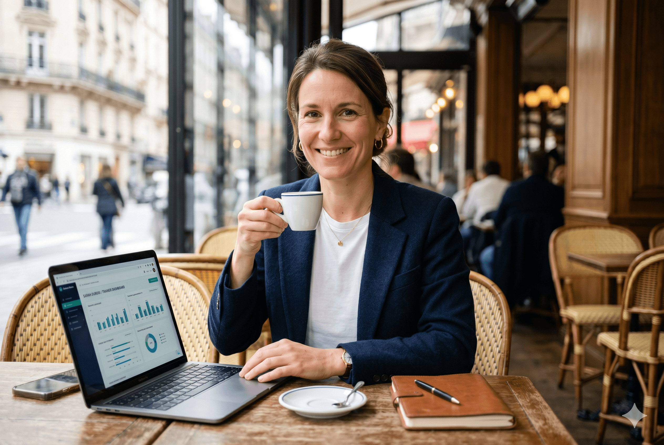 Formatrice indépendante travaillant sur Kaliio dans un café parisien