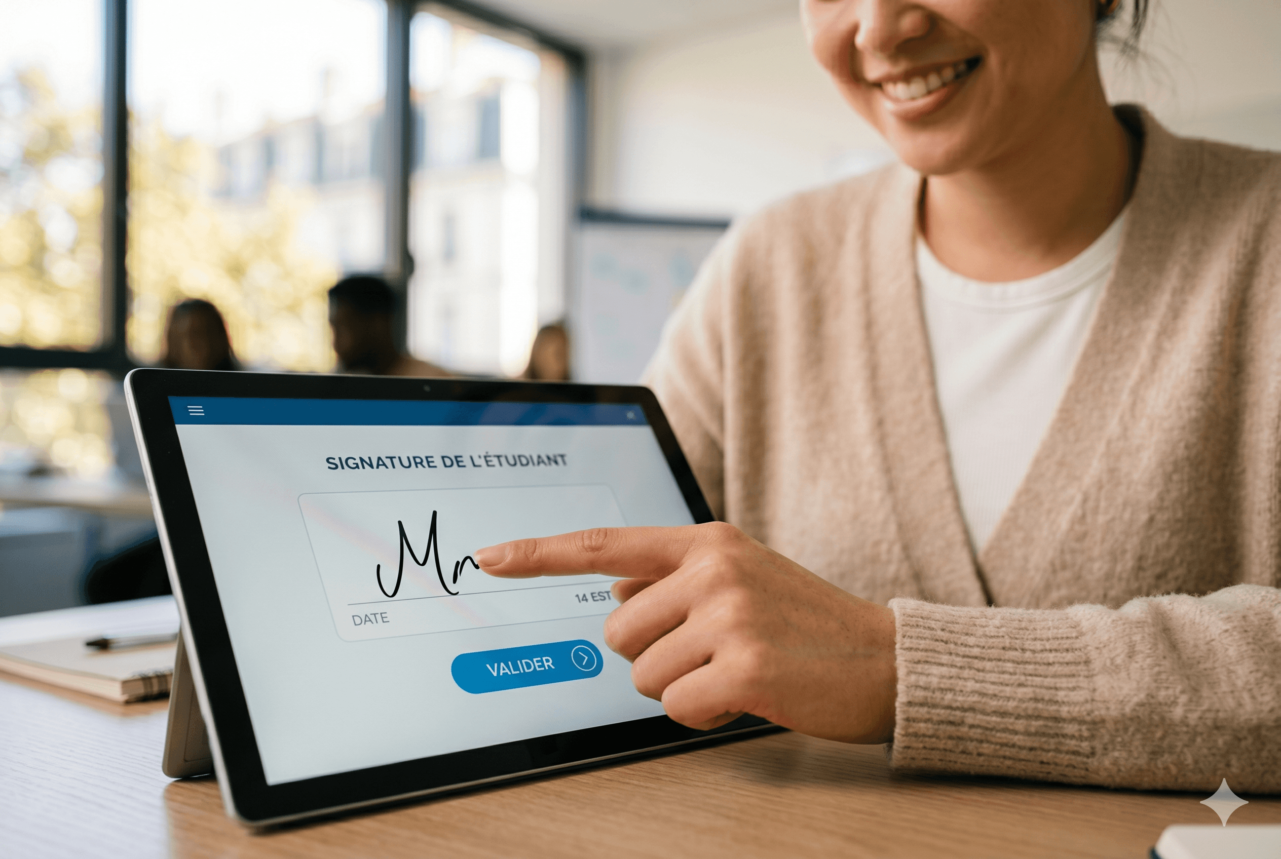 Stagiaire signant son émargement numérique sur tablette Kaliio