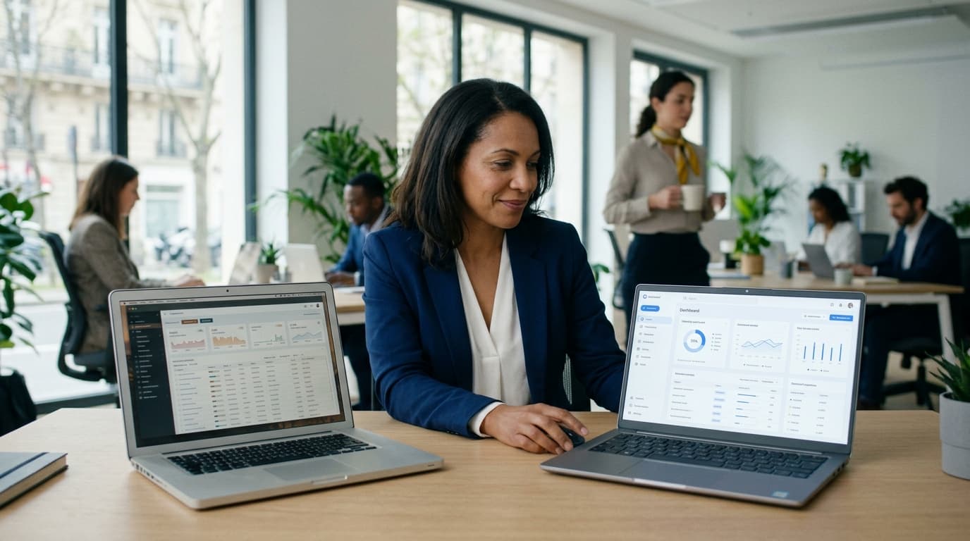 Directrice d'organisme de formation comparant Kaliio et Digiforma sur deux laptops