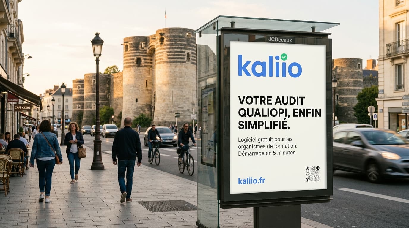 Panneau publicitaire urbain Kaliio à Angers, logiciel Qualiopi pour les organismes de formation