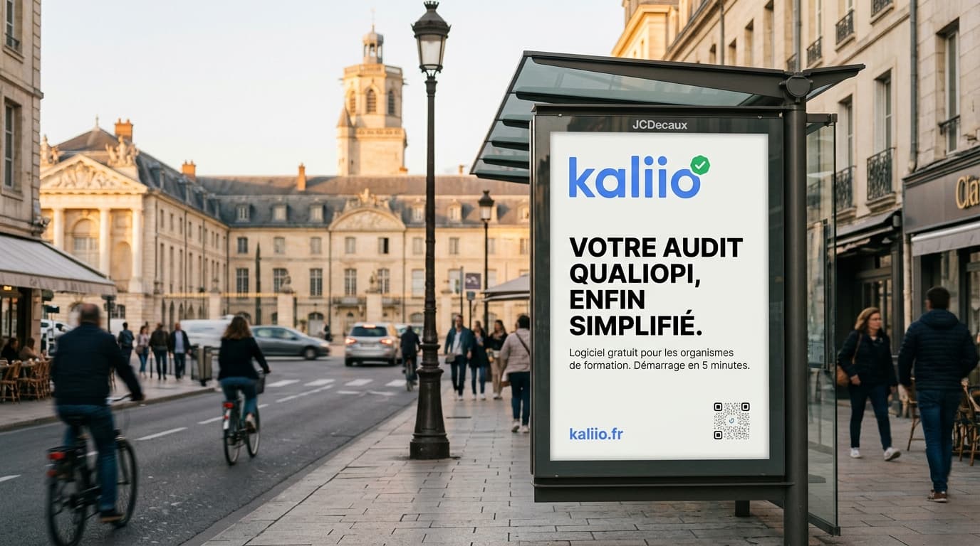 Panneau publicitaire urbain Kaliio à Dijon, logiciel Qualiopi pour les organismes de formation