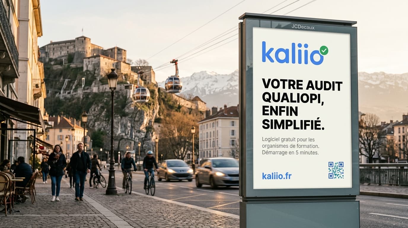 Panneau publicitaire urbain Kaliio à Grenoble, logiciel Qualiopi pour les organismes de formation