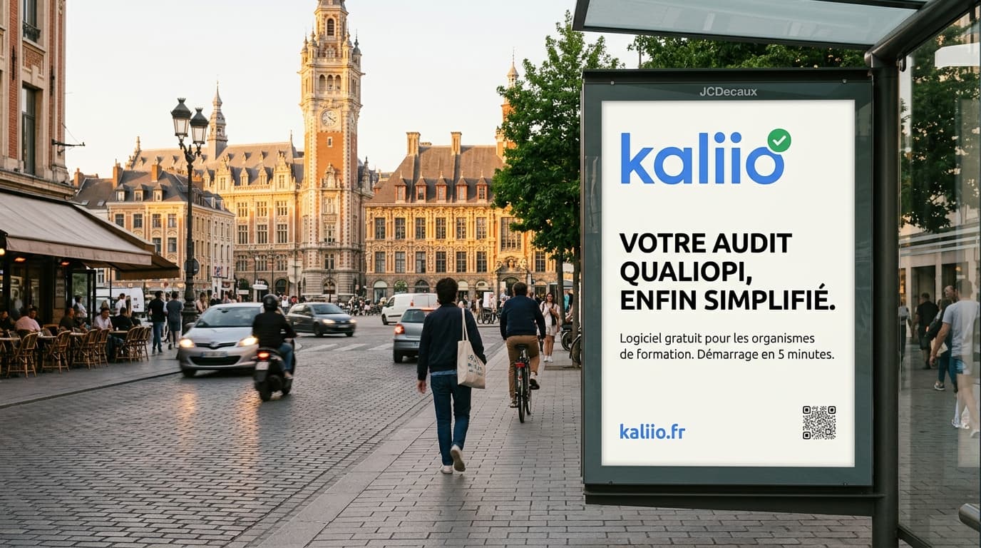Panneau publicitaire urbain Kaliio à Lille, logiciel Qualiopi pour les organismes de formation