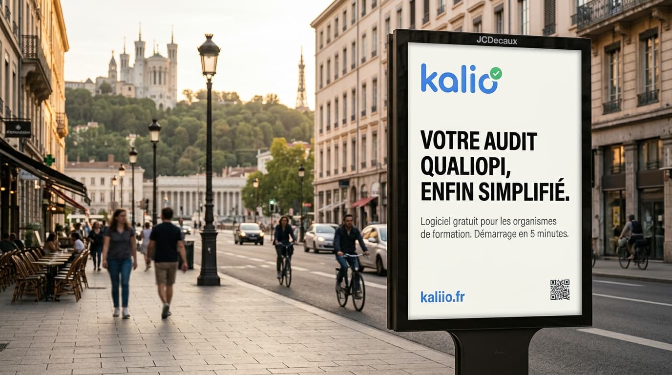 Panneau publicitaire urbain Kaliio à Lyon, logiciel Qualiopi pour les organismes de formation