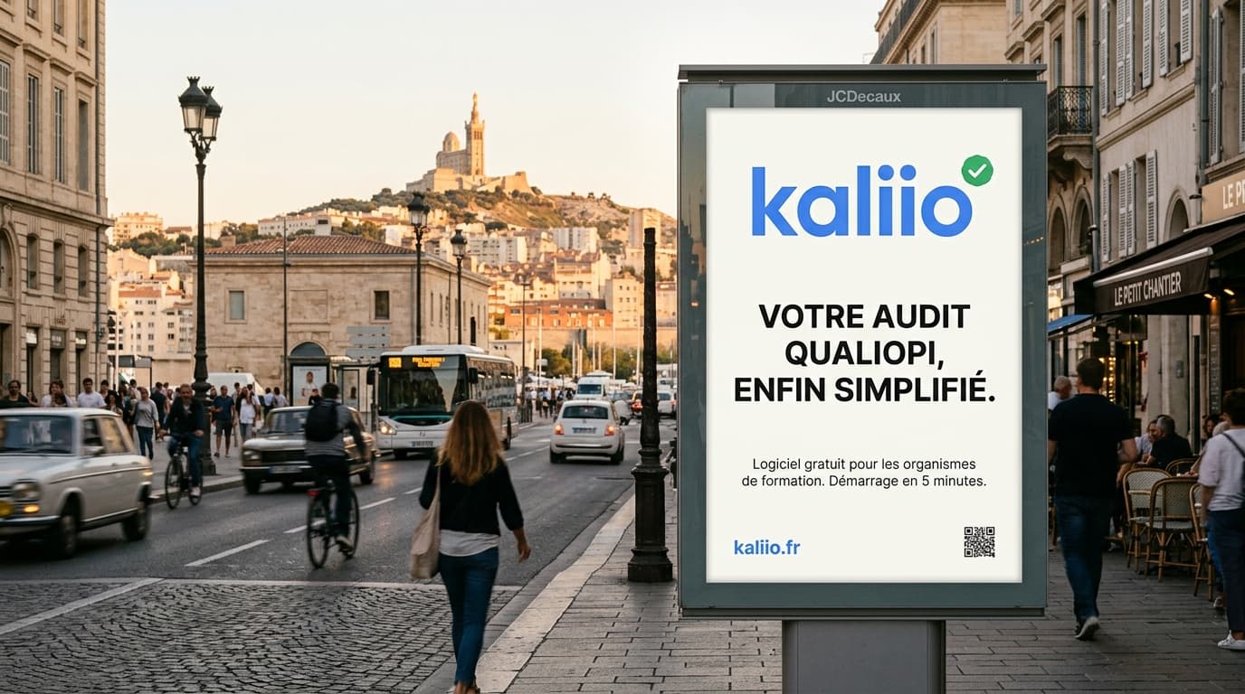 Panneau publicitaire urbain Kaliio à Marseille, logiciel Qualiopi pour les organismes de formation