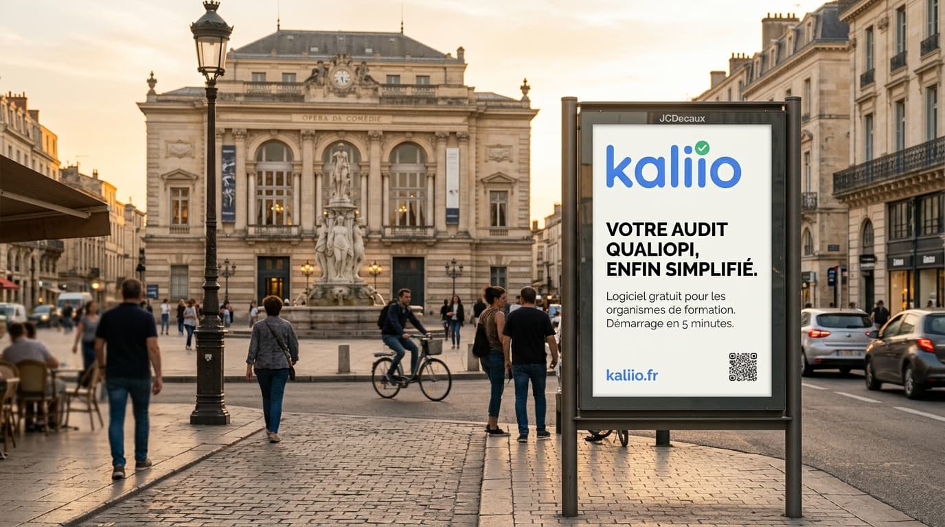 Panneau publicitaire urbain Kaliio à Montpellier, logiciel Qualiopi pour les organismes de formation