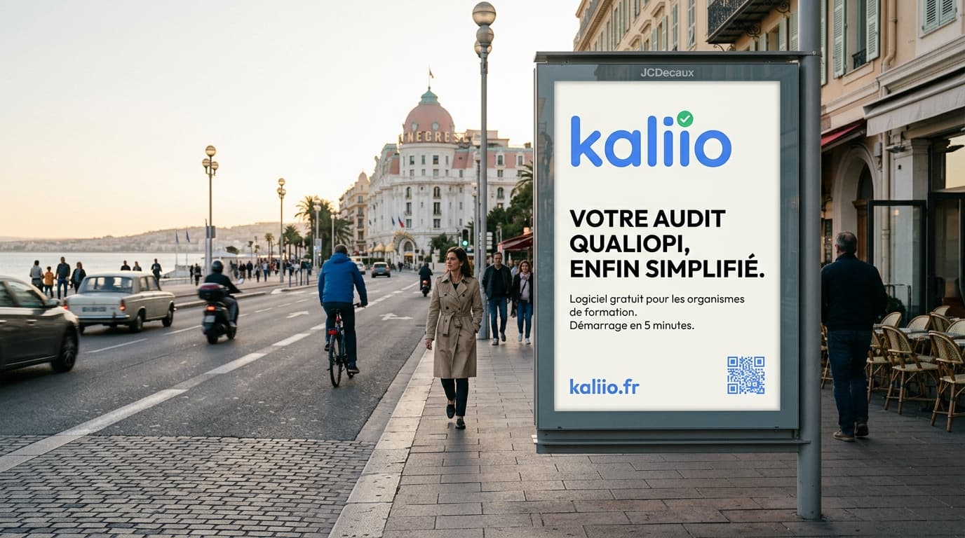 Panneau publicitaire urbain Kaliio à Nice, logiciel Qualiopi pour les organismes de formation