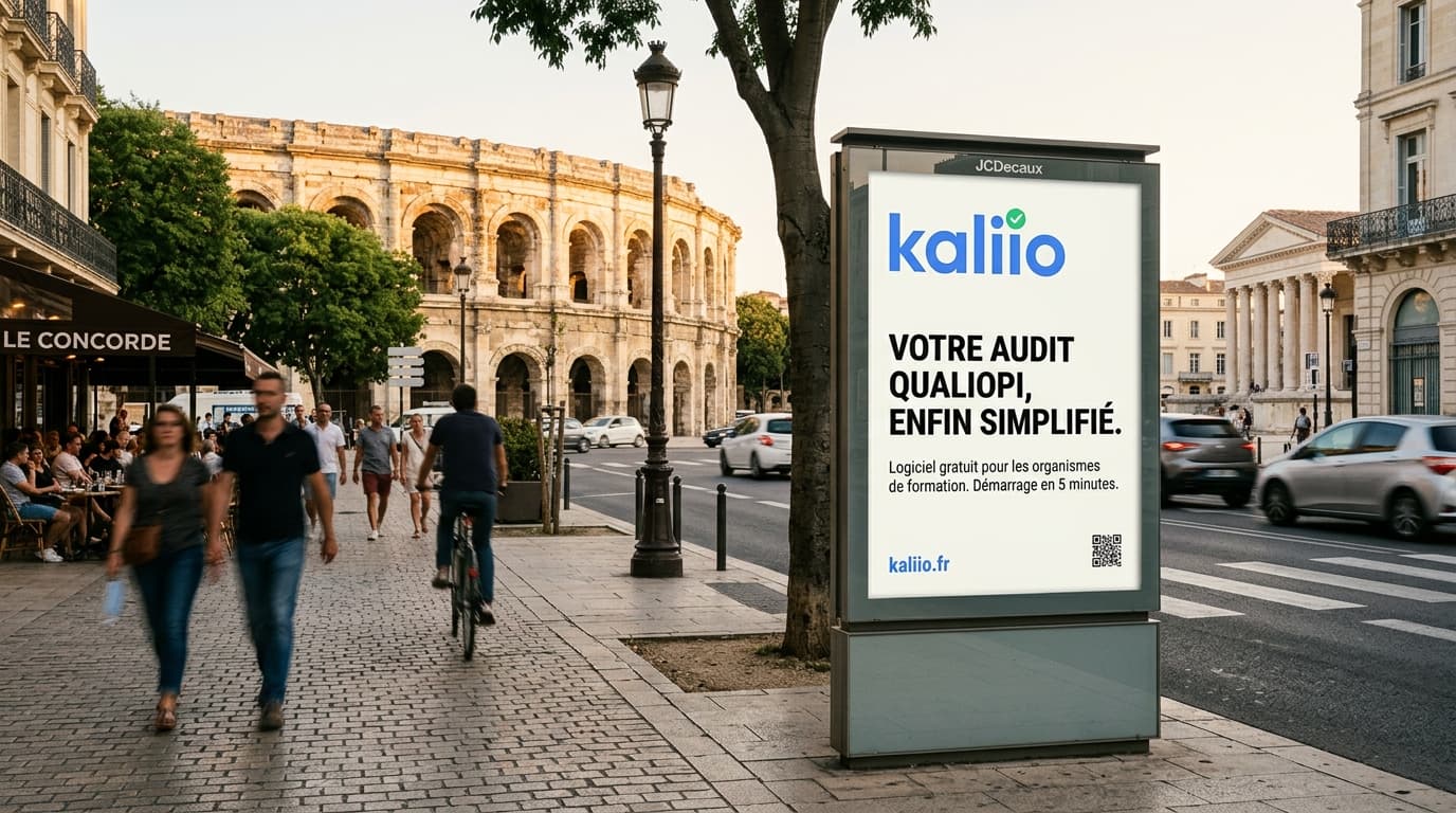 Panneau publicitaire urbain Kaliio à Nîmes, logiciel Qualiopi pour les organismes de formation
