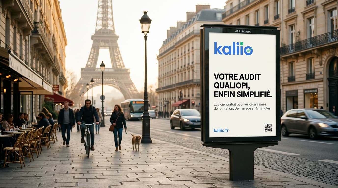 Panneau publicitaire urbain Kaliio à Paris, logiciel Qualiopi pour les organismes de formation