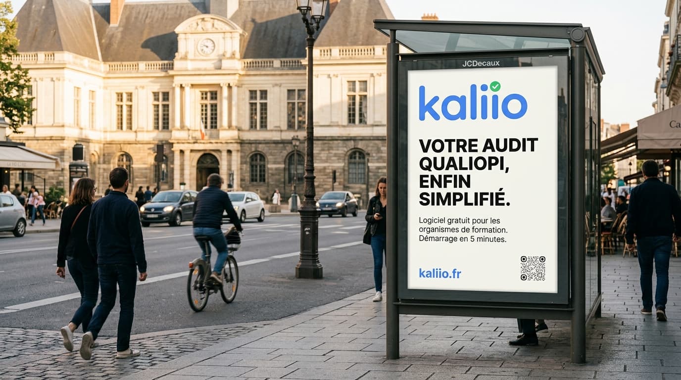 Panneau publicitaire urbain Kaliio à Rennes, logiciel Qualiopi pour les organismes de formation