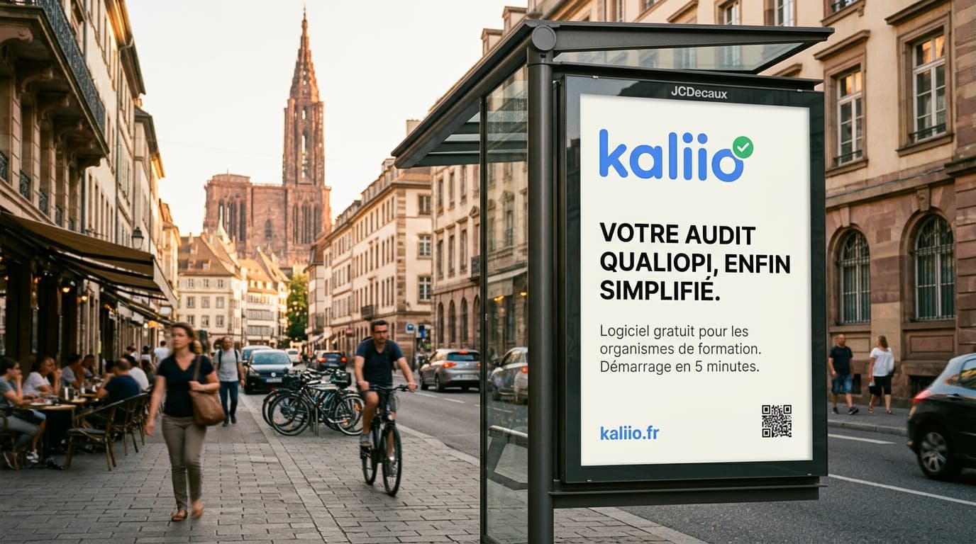 Panneau publicitaire urbain Kaliio à Strasbourg, logiciel Qualiopi pour les organismes de formation