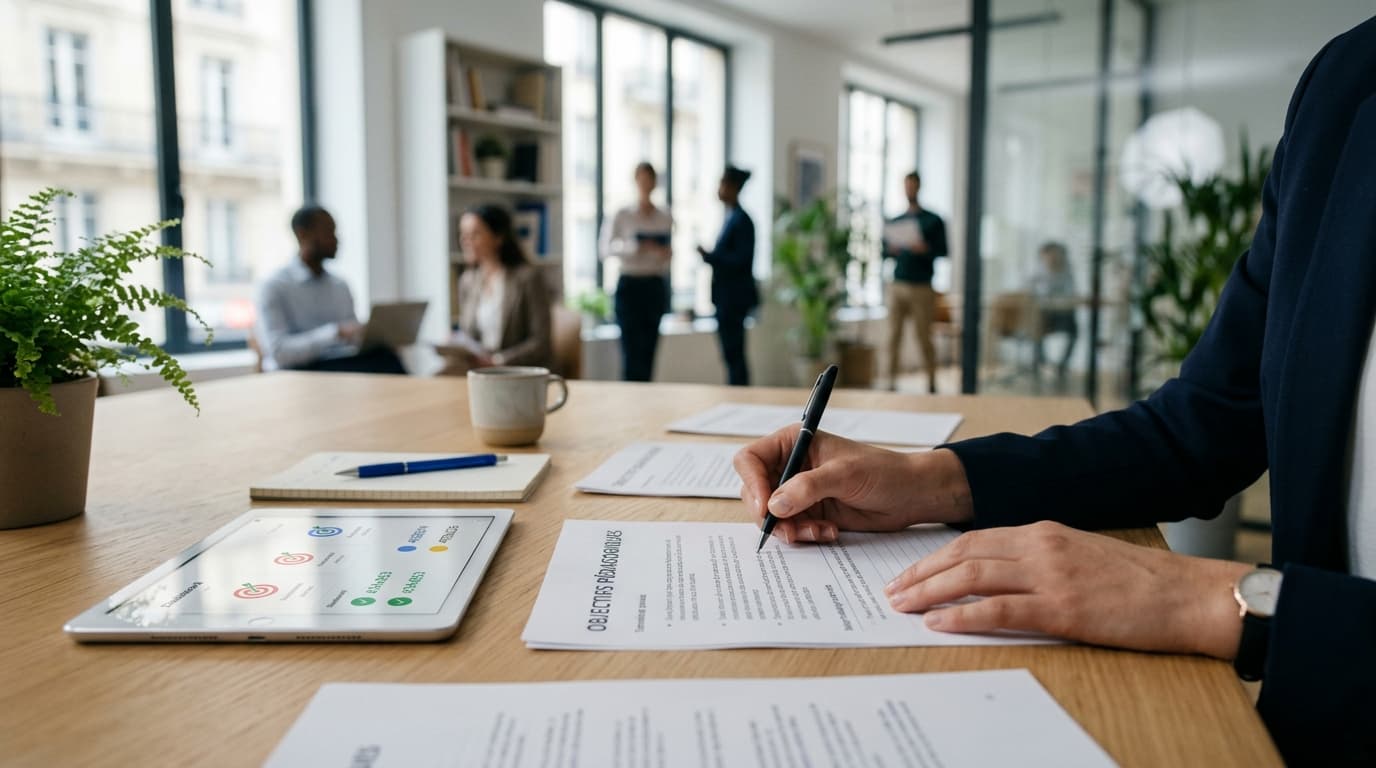 Formatrice rédigeant les objectifs pédagogiques d'une formation Qualiopi sur un bureau lumineux