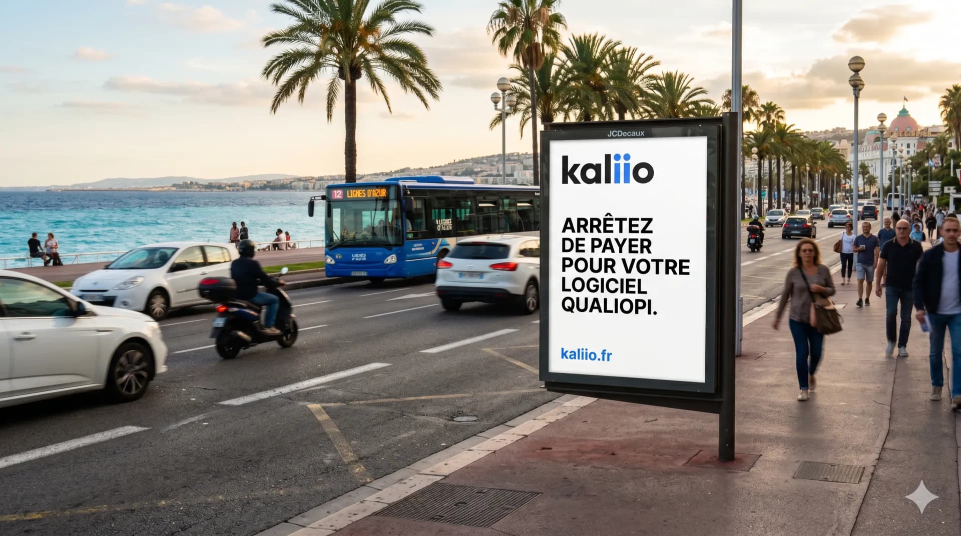 Affichage Kaliio à Nice sur la Promenade des Anglais — Arrêtez de payer pour votre logiciel Qualiopi.