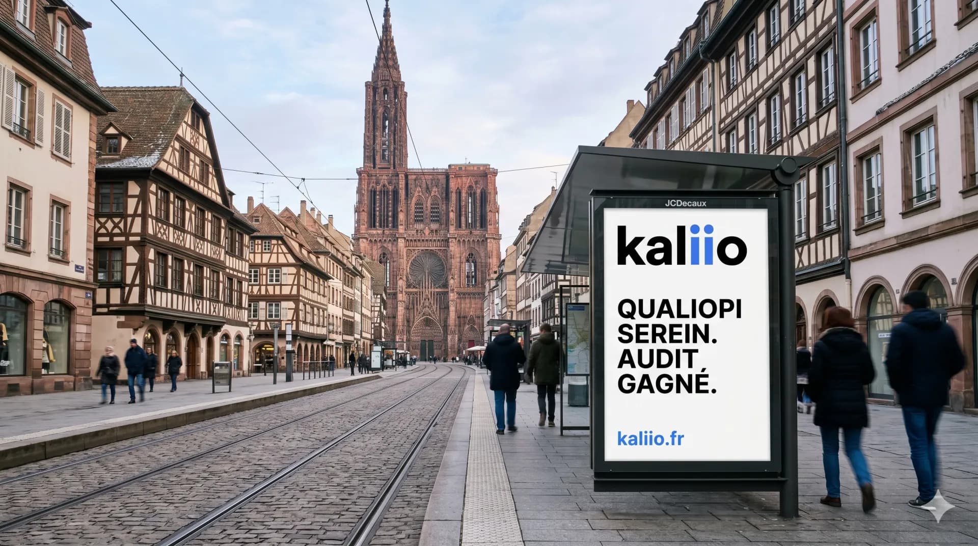 Affichage Kaliio à Strasbourg face à la Cathédrale — Qualiopi serein. Audit gagné.