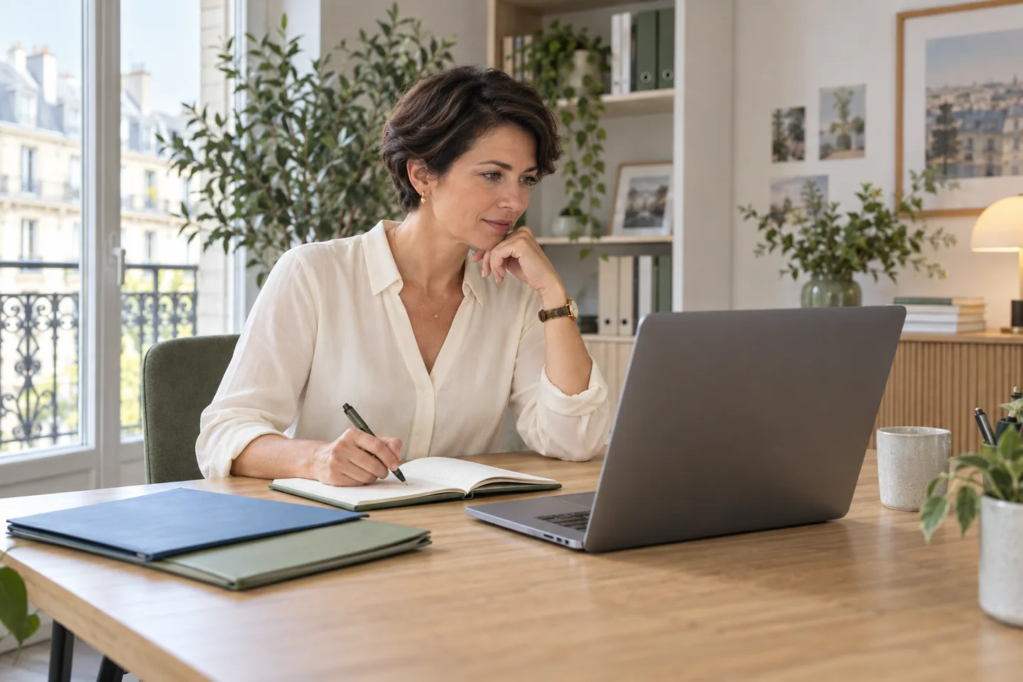 Illustration : une responsable de formation compare ses options de logiciel en prenant des notes