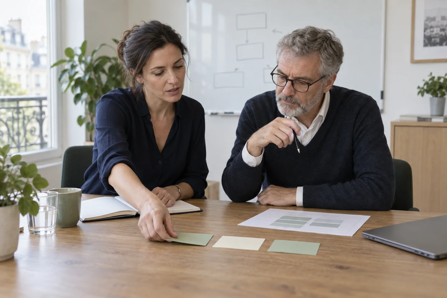 Illustration : une formatrice et un expert métier organisent les objectifs d’un atelier