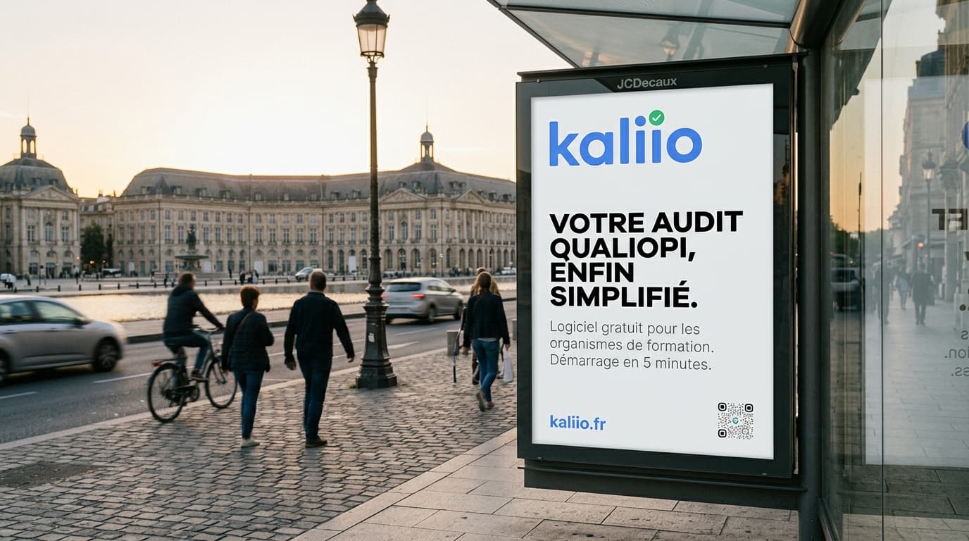 Panneau publicitaire urbain Kaliio à Bordeaux, logiciel Qualiopi pour les organismes de formation