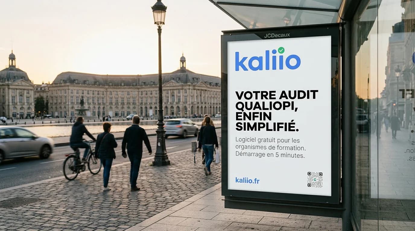 Panneau publicitaire urbain Kaliio à Bordeaux, logiciel Qualiopi pour les organismes de formation