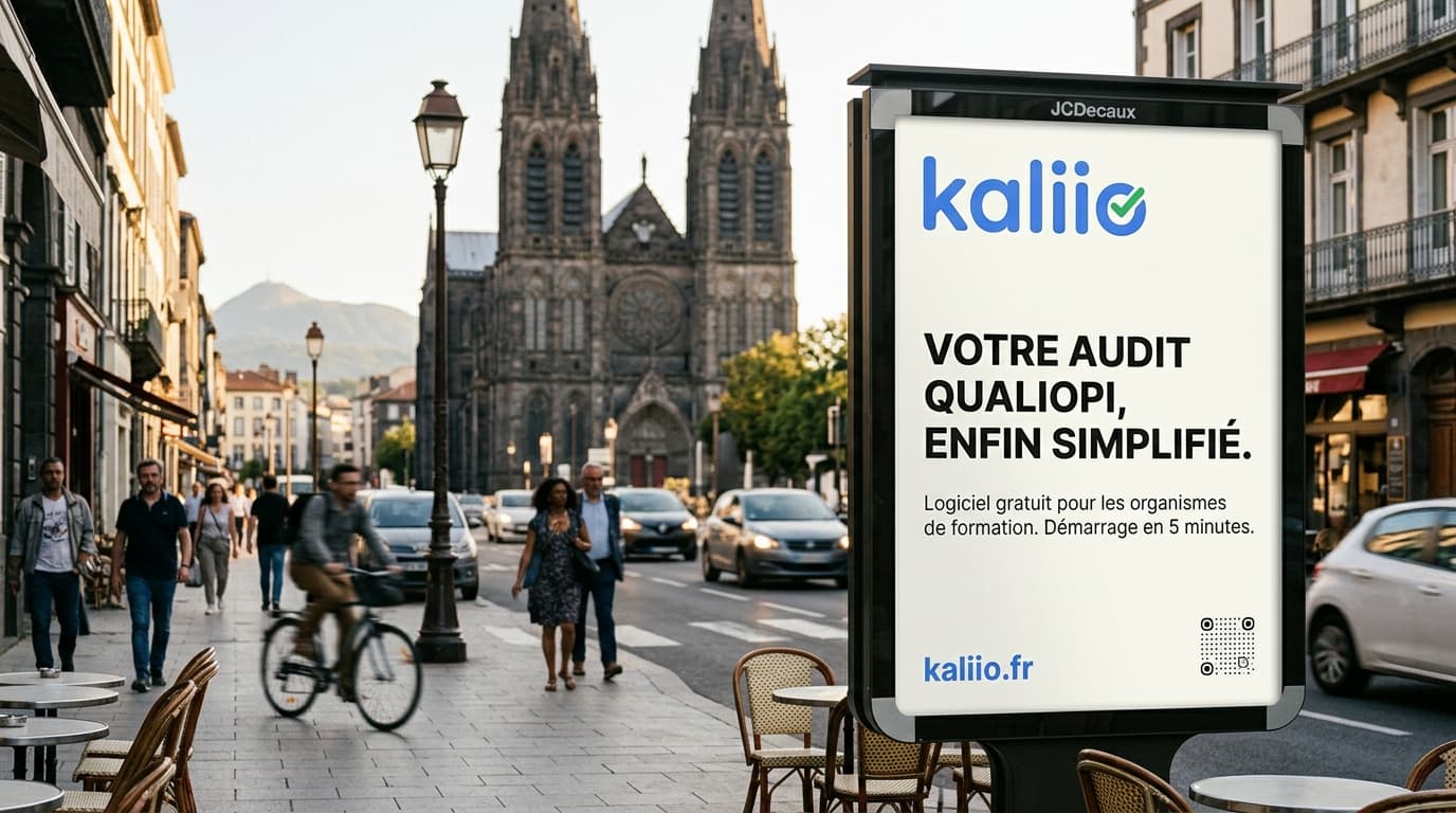 Panneau publicitaire urbain Kaliio à Clermont-Ferrand, logiciel Qualiopi pour les organismes de formation