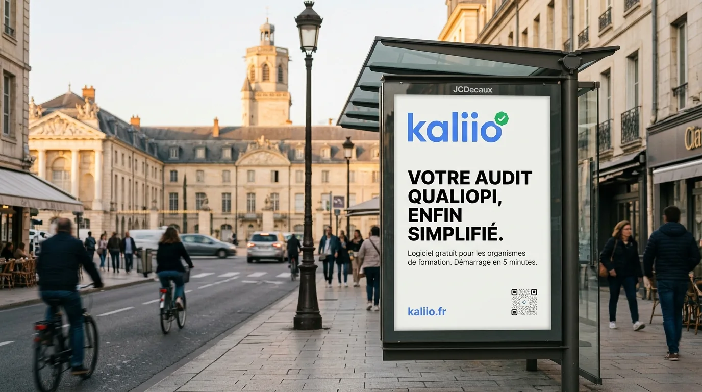 Panneau publicitaire urbain Kaliio à Dijon, logiciel Qualiopi pour les organismes de formation