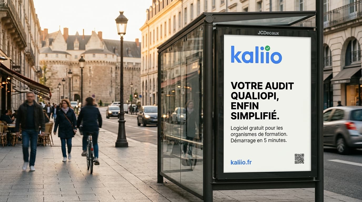 Panneau publicitaire urbain Kaliio à Nantes, logiciel Qualiopi pour les organismes de formation