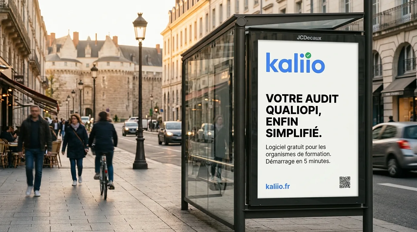 Panneau publicitaire urbain Kaliio à Nantes, logiciel Qualiopi pour les organismes de formation