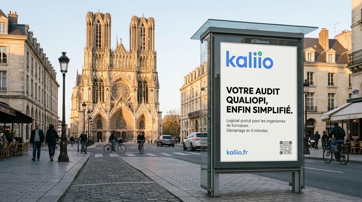 Panneau publicitaire urbain Kaliio à Reims, logiciel Qualiopi pour les organismes de formation