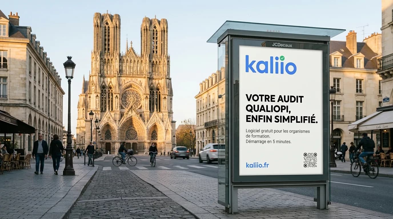 Panneau publicitaire urbain Kaliio à Reims, logiciel Qualiopi pour les organismes de formation
