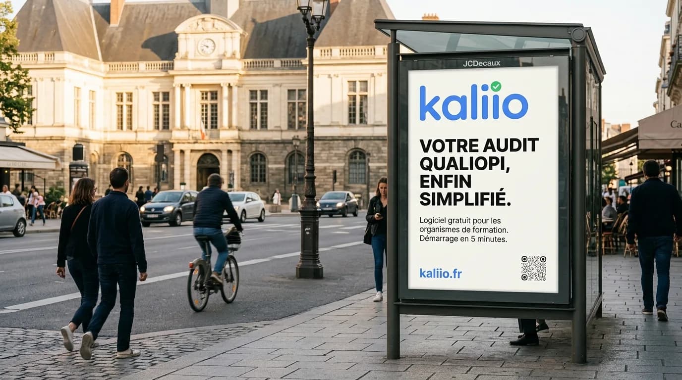 Panneau publicitaire urbain Kaliio à Rennes, logiciel Qualiopi pour les organismes de formation