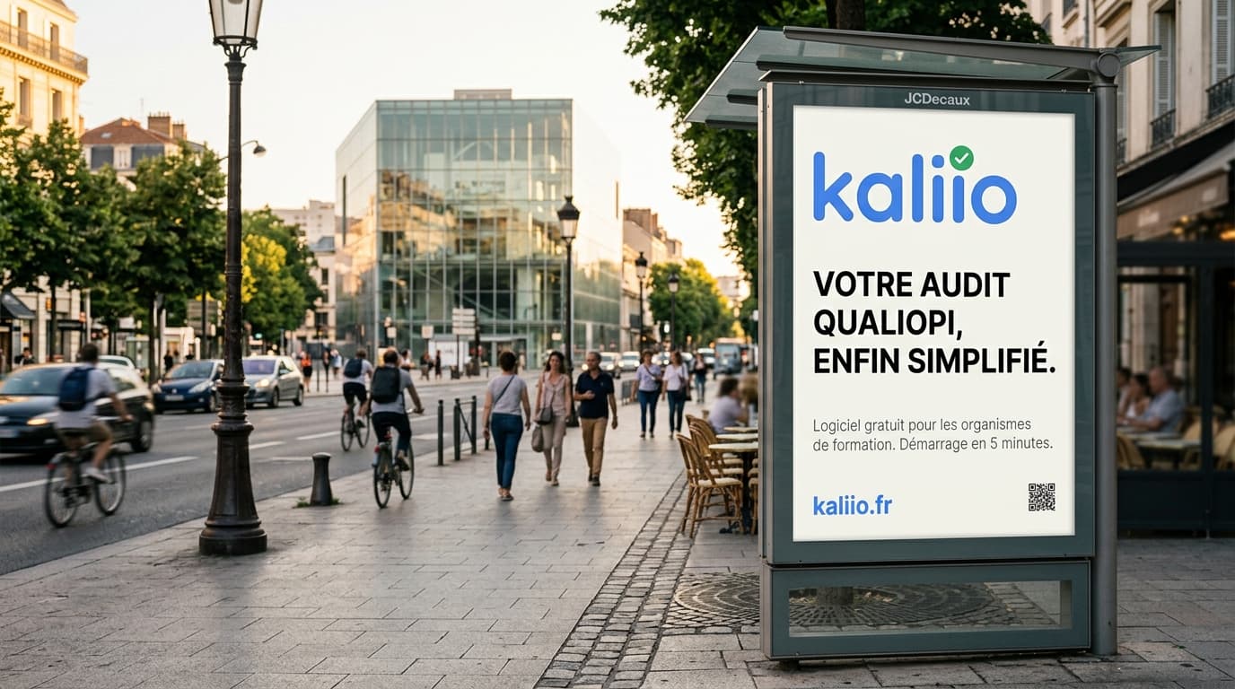 Panneau publicitaire urbain Kaliio à Saint-Étienne, logiciel Qualiopi pour les organismes de formation