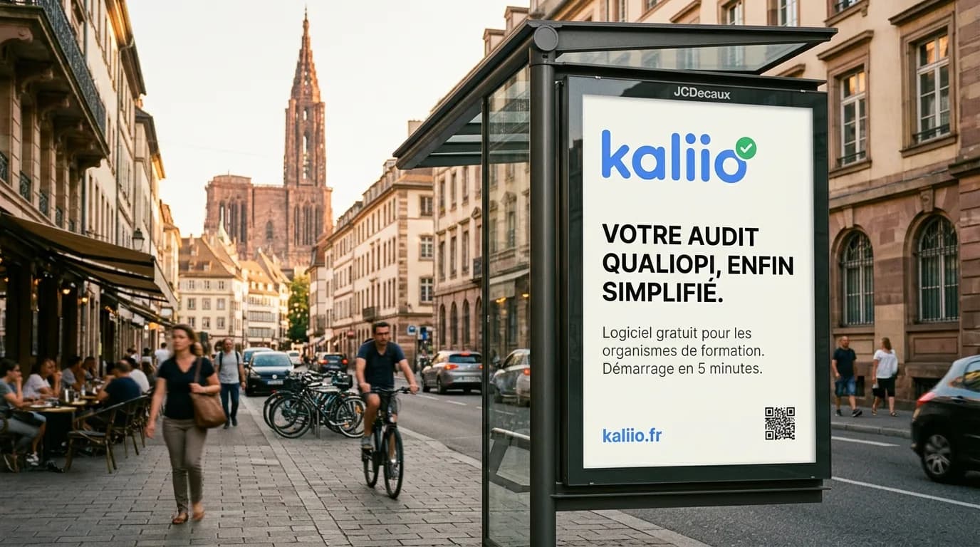 Panneau publicitaire urbain Kaliio à Strasbourg, logiciel Qualiopi pour les organismes de formation