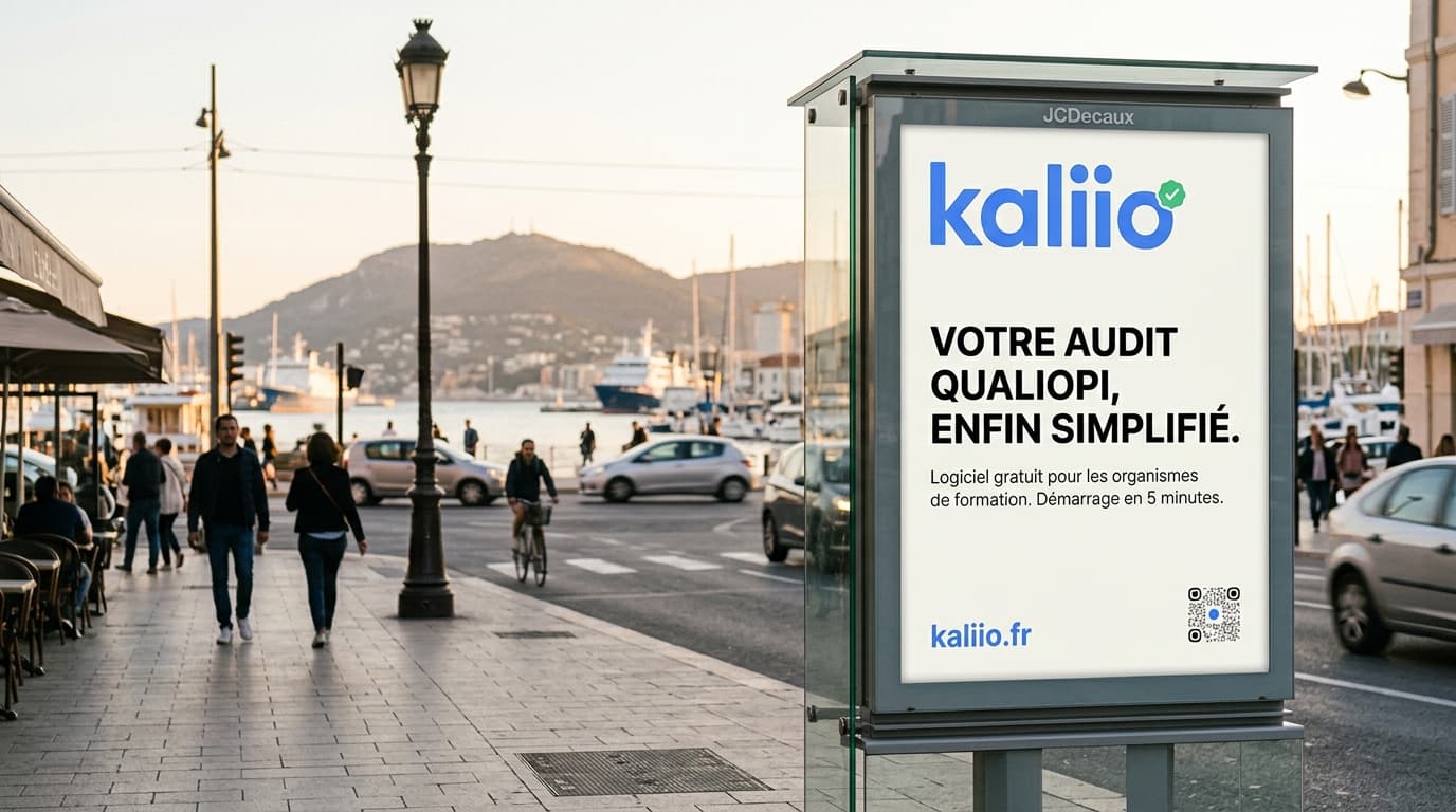 Panneau publicitaire urbain Kaliio à Toulon, logiciel Qualiopi pour les organismes de formation