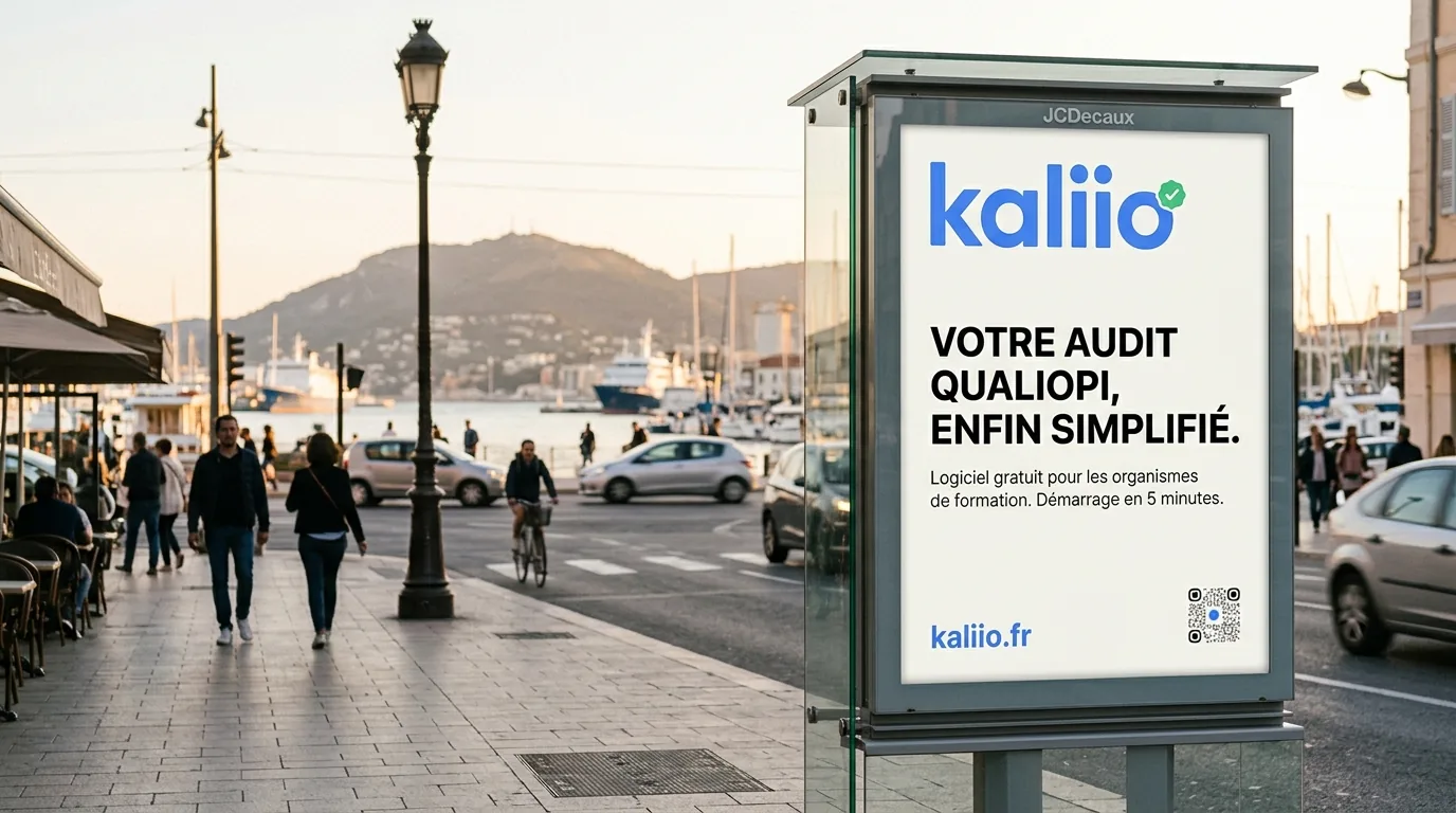 Panneau publicitaire urbain Kaliio à Toulon, logiciel Qualiopi pour les organismes de formation