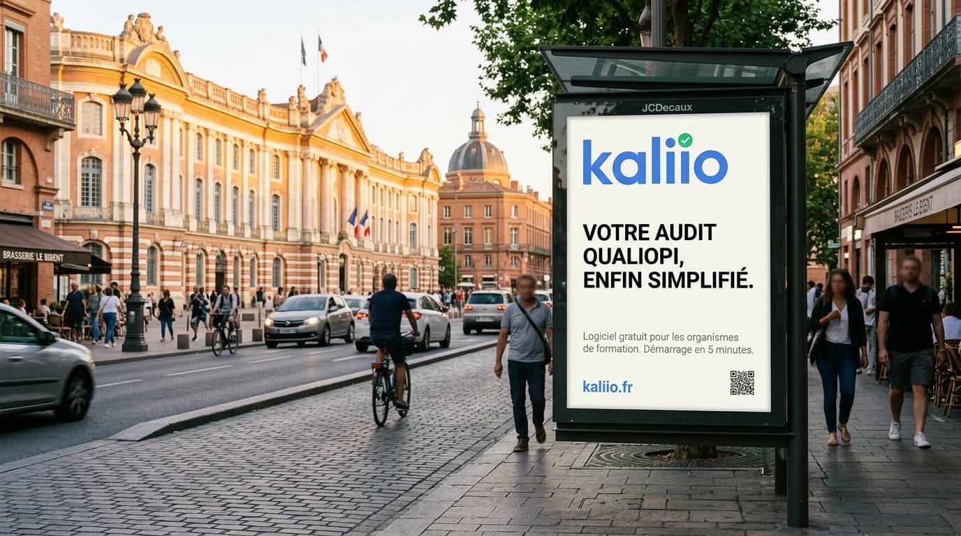 Panneau publicitaire urbain Kaliio à Toulouse, logiciel Qualiopi pour les organismes de formation